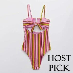 NWOT Aerie multicoloured striped smocked bandeau one piece swimsuit w/ cutouts